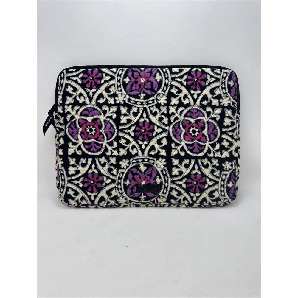 Vera Bradley Flora Medallion Quilted Laptop Sleeve Black White Purple